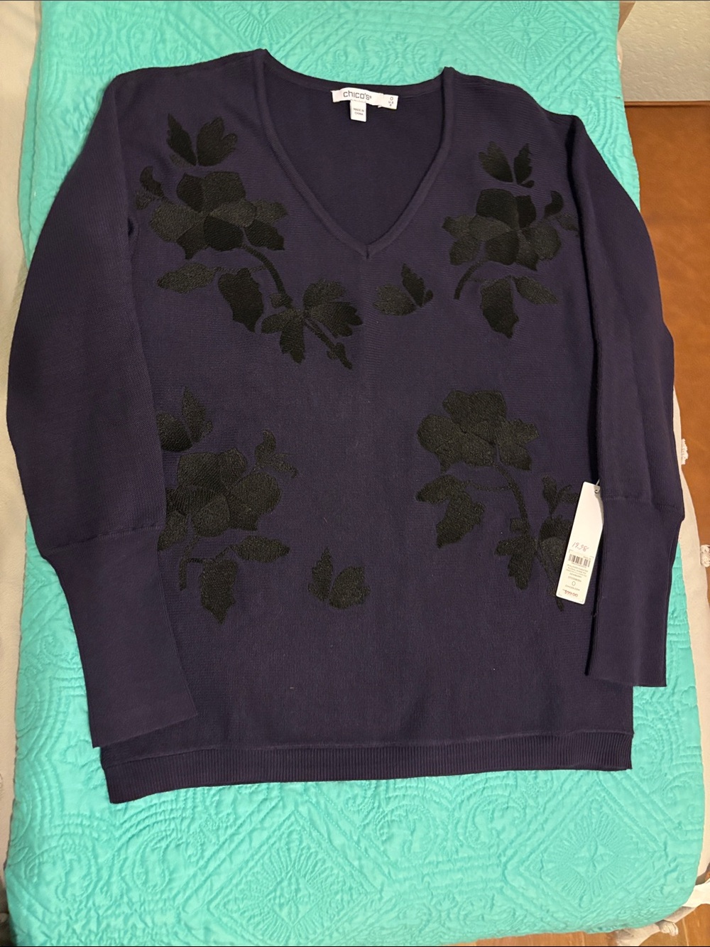 Chico's Navy V-Neck Sweater with Black Floral Appliqué